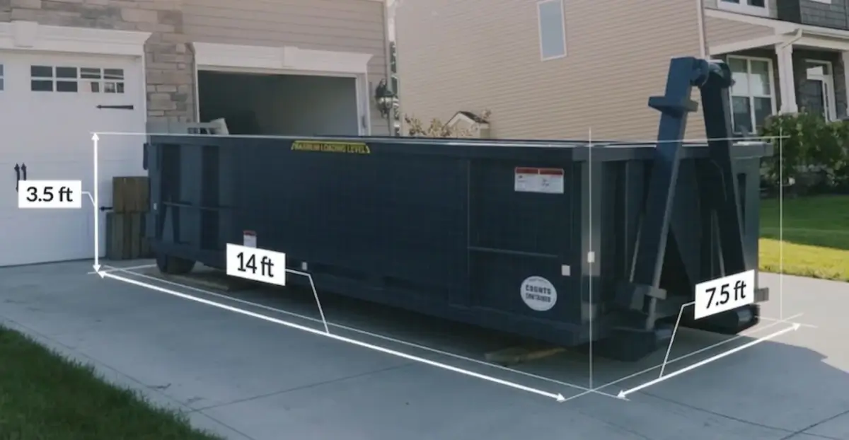 10-yard dumpster dimensions: 14ft L × 7.5ft W × 3.5ft H, small Sarasota cleanouts