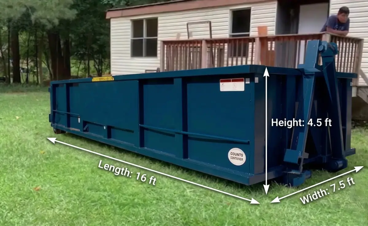 15-yard dumpster dimensions: 16ft L × 7.5ft W × 4.5ft H, Sarasota renovations
