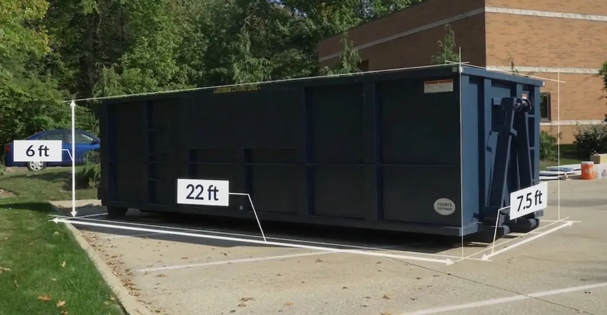 30-yard dumpster dimensions: 22ft L × 7.5ft W × 6ft H, large Sarasota demolition