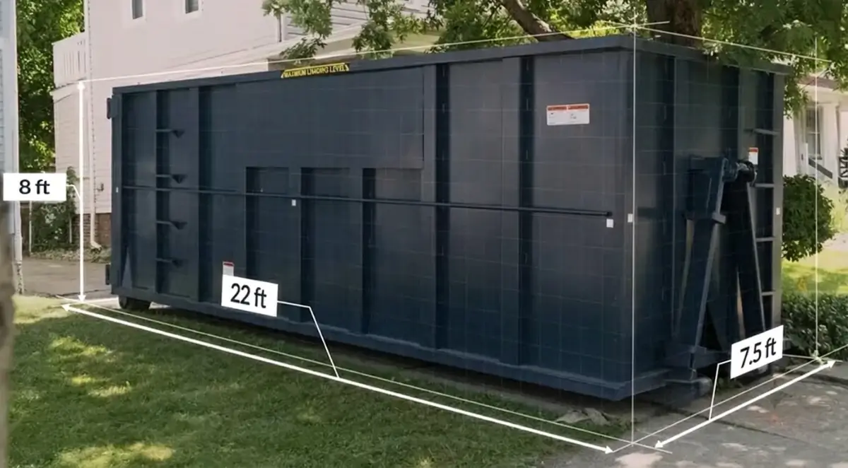 40-yard dumpster dimensions: 22ft L × 7.5ft W × 8ft H, major Sarasota commercial projects