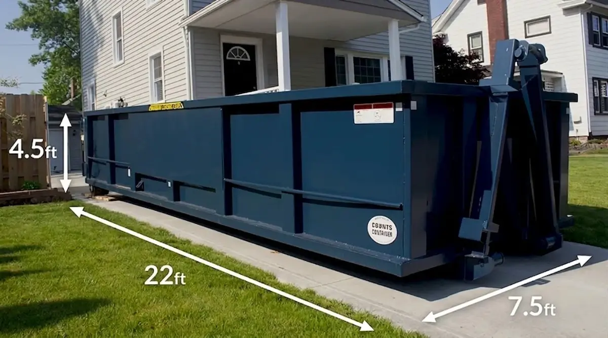 20-yard dumpster dimensions: 22ft L × 7.5ft W × 4.5ft H, Sarasota County roofing jobs